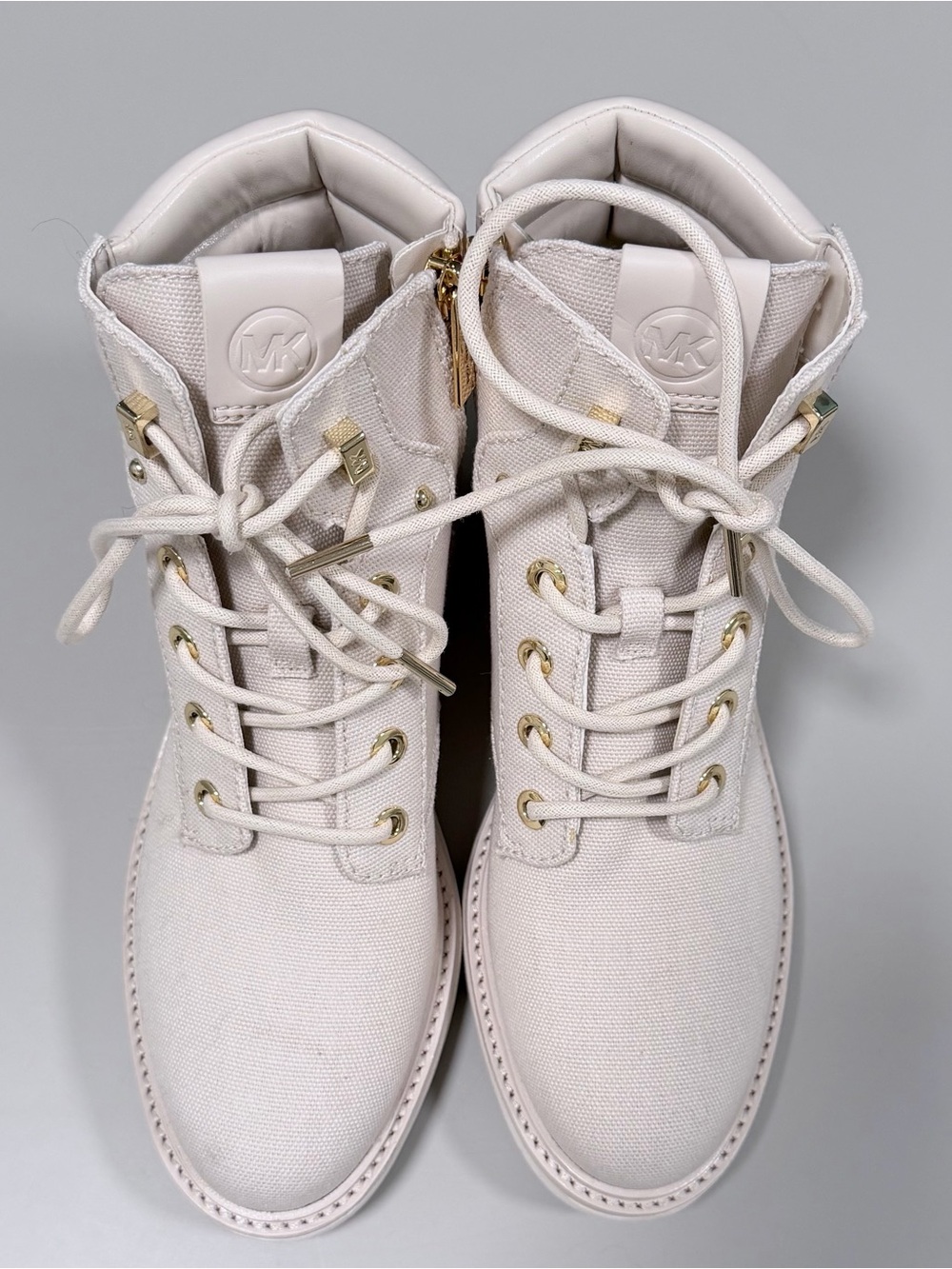 Michael Kors Cream Lace-Up Canvas Ankle Boots with Gold Hardware